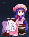  :&lt; bad_id book crescent crescent_moon hair_ribbon hat long_hair patchouli_knowledge purple_eyes purple_hair ran_system reading ribbon shoes solo star touhou violet_eyes 