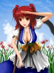  1girl breasts cala_(artist) flower hair_bobbles hair_ornament onozuka_komachi red_eyes redhead scythe solo spider_lily touhou twintails 