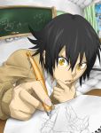  chalkboard classroom classroom_eraser drawing highres oekaki_musume original pen pov rentaro short_hair solo sweater yellow_eyes 