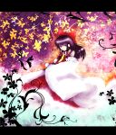  :&lt; acryl bad_id black_hair bow butterfly colorful detached_sleeves hair_bow hakurei_reimu highres letterboxed ofuda red_eyes short_hair solo touhou 