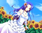  blue_hair breasts bride cleavage cresc-dol dress elbow_gloves flower gloves hair_flower hair_ornament hands idolmaster long_hair miura_azusa outstretched_arm outstretched_hand reaching red_eyes sunflower wedding_dress 