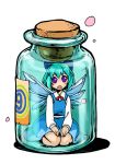  ? blue_hair bottle bow cirno cork hair_bow in_bottle in_container jar moeshimo_(pixiv) purple_eyes short_hair solo touhou violet_eyes wings ⑨ 