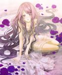  breasts cleavage dress flower long_hair machi555 original petals purple_eyes purple_hair sitting solo violet_eyes water 