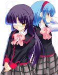  blue_hair eyepatch hairband hitsujibane_shinobu koshiki_miyuki little_busters!! long_hair nishizono_midori nishizono_mio orange_eyes school_uniform short_hair yellow_eyes 