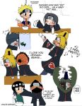   akatsuki_(naruto) black_hair blonde_hair blush chopsticks deidara drunk fish flower funny green_hair headband hoshigaki_kisame jinchuuriki jumpsuit kakuzu male mask microphone musical_notes naruto ramen rice rock_lee saki saucer simple_background singing tobi trenchcoat uchiha_itachi uzumaki_naruto vase white_background zetsu  