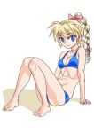  1girl blonde_hair blue_eyes breasts chrono_cross cleavage commentary_request full_body high_ponytail kid_(chrono_cross) long_hair looking_at_viewer medium_breasts midriff multi-tied_hair navel ponytail s-a-murai sitting smile solo 