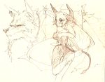  bad_id begbeing brown fang horns izuru_(timbermetal) long_hair looking_back monochrome monster monster_girl original pointy_ears sketch tail traditional_media yellow_background 