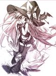  belt blush_stickers boots bow broom hanehane_kiro hat long_hair monochrome navel simple_background sketch skirt skull smile solo thigh-highs thigh_boots thighhighs traditional_media very_long_hair witch witch_hat zettai_ryouiki 