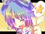  bad_id bow cirno gradient_hair hair_bow multicolored_eyes multicolored_hair open_mouth rarami solo touhou violet_eyes wink 
