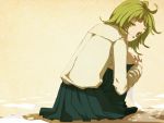  bad_id crouching eyelashes from_behind gabaisuito-n green_eyes green_hair gumi kimi_ni_gomen_ne_(vocaloid) looking_back pleated_skirt school_uniform short_hair sitting skirt socks squatting vocaloid 