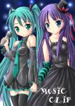  akiyama_mio between_breasts blue_eyes crossover detached_sleeves don&#039;t_say_lazy dress fingerless_gloves frills gloves green_eyes green_hair hand_holding hat hatsune_miku k-on! long_hair mini_top_hat necktie purple_hair syakatan thigh-highs top_hat twintails vocaloid 