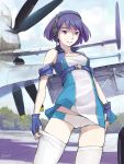  airplane dmitry_popov fingerless_gloves gloves headset isle_of_winds propeller purple_eyes purple_hair solo thighhighs yumi_(isle_of_winds) 