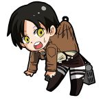  1boy black_hair boots chibi eren_jaeger jacket kurume175 long_sleeves lowres open_mouth pants shingeki_no_kyojin solo sweatdrop teeth thigh_strap three-dimensional_maneuver_gear white_background yellow_eyes 