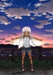  bare_legs casual closed_eyes dark_skin denim denim_shorts eyes_closed facial_tattoo fence grin happy highres irezumi-san_(ozka) night night_sky open_clothes open_shirt original outstretched_arms ozka shoes short_hair short_sleeves shorts sky smile sneakers solo spread_arms sunset tank_top tattoo white_hair 