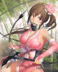  breasts bridal_gauntlets brown_eyes brown_hair chain chains character_request ddal flower genderswap hair_flower hair_ornament kama_(weapon) kusarigama large_breasts long_hair mouth_hold shishido_baiken sickle side_ponytail solo souken_no_cross_age weapon whip 