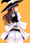  ass bloomers bow brown_hair cosplay from_behind hair_tubes hakurei_reimu hat hat_bow hat_ribbon kirisame_marisa kirisame_marisa_(cosplay) long_hair masao red_eyes ribbon simple_background solo touhou witch_hat yellow_background 