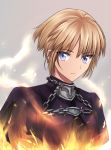  alternate_hair_length alternate_hairstyle blonde_hair blue_eyes colored fate/apocrypha fate_(series) flame jeanne_d&#039;arc_(fate/apocrypha) jeanne_d'arc_(fate/apocrypha) ladymarta reverse_trap ruler_(fate/apocrypha) short_hair solo 