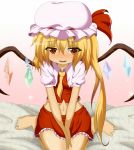  bare_legs barefoot between_breasts blonde_hair blush clothes_between_breasts dr._cryptoso fangs flandre_scarlet hat hat_ribbon highres midriff navel open_mouth red_eyes revision ribbon shirt side_ponytail sitting skirt skirt_set slit_pupils smile solo touhou v_arms wariza wings 