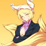 blonde_hair breasts bust cleavage contemporary crossed_arms erect_nipples formal fox_tail hat kaminari large_breasts multiple_tails no_bra simple_background smile smug solo suit tail touhou yakumo_ran yellow_background yellow_eyes 