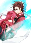  brown_eyes brown_hair crying elbow_gloves gloves hand_on_head headband highres lloyd_irving long_hair male multiple_boys murata0033 red_hair redhead smile tales_of_(series) tales_of_symphonia zelos_wilder 