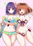  2girls amisu aqua_bikini bell bikini breasts brown_eyes brown_hair checkered checkered_bikini cleavage flower forbidden_scrollery hair_bell hair_flower hair_ornament hieda_no_akyuu jacket motoori_kosuzu multiple_girls navel one_eye_closed open_clothes open_jacket purple_hair smile swimsuit touhou two_side_up violet_eyes 