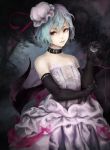  akaikitsune bare_shoulders bat_wings black_gloves blue_hair choker dress elbow_gloves gloves hat hat_ribbon highres holding lips pocket_watch red_eyes remilia_scarlet ribbon solo touhou watch wings 