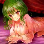  blush breasts buttons cleavage collarbone dress_shirt green_hair highres kazami_yuuka large_breasts looking_at_viewer lying naked_shirt okemai on_stomach red_eyes shirt short_hair smile solo touhou 