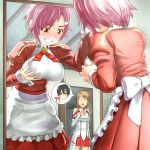  2girls ?? apron asuna_(sao) breast_grab breastplate breasts brown_hair clenched_teeth commentary commentary_request female kirito large_breasts lisbeth long_hair mirror multiple_girls o_o personality_switch pink_hair red_eyes reflection short_hair spiralray sword_art_online thighhighs triangle_mouth 