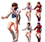  alternate_color black_big_box blonde_hair boots breasts brown_hair cleavage cleavage_cutout cropped_jacket fighting_stance hair_over_eyes king_of_fighters king_of_fighters_xii leotard long_hair lowres midriff miniskirt navel pixel_art player_2 purple_hair shermie skirt solo split_ponytail sprite_sheet twintails 