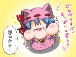  &gt;:3 :3 :i bangs bat_ears bat_wings blue_hair bow chibi dress eating full_mouth gradient gradient_background hands_on_own_cheeks hands_on_own_face hat hat_bow kemonomimi_mode minigirl noai_nioshi remilia_scarlet short_hair solo sparkle standing touhou translated wings yellow_background |_| 
