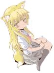  animal_ears blonde_hair blush copyright_request fox_ears fox_tail hage highres long_hair simple_background skirt solo tail white_background yellow_eyes 