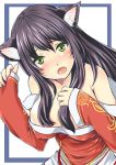  ahri animal_ears bare_shoulders black_hair breasts cleavage detached_sleeves facial_mark fang fox_ears green_eyes league_of_legends long_hair looking_at_viewer mashua open_mouth solo 