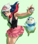  1girl blue blue_eyes blue_hair cap hat highres hikari_(pokemon) open_mouth piplup poke_ball pokemon pokemon_(creature) scarf skirt smile turizao 