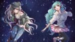  :d alternate_hairstyle aqua_hair black_legwear blonde_hair blue_eyes hand_on_headphones hand_on_hip hat hatsune_miku headphones highres ia_(vocaloid) jeans long_hair masami_chie multiple_girls open_mouth pantyhose silver_hair simple_background skirt smile snowflakes twintails very_long_hair vocaloid 