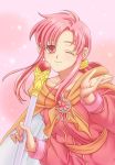  blush cape ethlin_(fire_emblem) fire_emblem fire_emblem:_seisen_no_keifu kuroma_(einin) long_hair pink_eyes pink_hair ponytail smile solo staff wink 