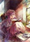  book butterfly cup dress hat long_hair open_book paper patchouli_knowledge purple_eyes purple_hair sitting solo teacup touhou vima violet_eyes wide-eyed window 