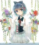  absurdres acidear bare_shoulders blue_eyes blue_hair blush cirno detached_sleeves dress flower hair_ornament highres ice ice_wings lolita_hairband short_hair smile solo touhou wings 