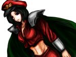  black_hair breasts capcom_fighting_jam cape crop_top dutch_angle genderswap hat large_breasts midnight_bliss midriff peaked_cap purple_eyes short_hair shoulder_pads solo sorcierudia street_fighter vega violet_eyes 