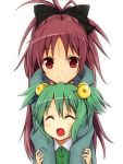  amano_(els573) bow chitose_yuma closed_eyes eyes_closed green_hair hair_bobbles hair_bow hair_ornament happy hoodie hug hug_from_behind long_hair magical_girl mahou_shoujo_madoka_magica mahou_shoujo_oriko_magica red_eyes red_hair redhead revision sakura_kyouko short_hair short_twintails smile twintails 