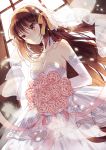  artist_request bare_shoulders blush bouquet breasts bridal_veil brown_eyes brown_hair choker cleavage domotolain dress elbow_gloves flower gloves hairband jewelry large_breasts long_hair necklace petals solo strapless_dress suzumiya_haruhi suzumiya_haruhi_no_yuuutsu veil very_long_hair wedding_dress white_dress white_gloves 