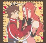  blue_eyes brown_eyes brown_hair elbow_gloves eye_contact gloves headband heart lloyd_irving long_hair looking_at_another male multiple_boys open_mouth profile red_hair redhead sewenan tales_of_(series) tales_of_symphonia teeth zelos_wilder 