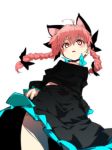  ahoge animal_ears braid cat_ears extra_ears from_below hair_ribbon kaenbyou_rin long_sleeves open_mouth red_eyes red_hair redhead ribbon sawayaka_samehada shirt skirt skirt_set solo touhou twin_braids upskirt 