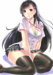  black_hair black_legwear blue_eyes blush bra docoi hair_ornament hairclip long_hair original ribbon shirt skirt solo thick_thighs thigh-highs thighhighs thighs underwear white_background white_shirt 