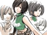  bare_shoulders black_eyes brown_hair character_sheet determined expressions final_fantasy final_fantasy_vii highres kuzumin light_smile midriff open_mouth ribbed_sweater short_hair shorts simple_background sketch sleeveless sleeveless_turtleneck sweater turtleneck white_background yuffie_kisaragi 