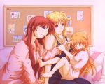  blonde_hair brown_hair corkboard family fate_testarossa hajiro long_hair lyrical_nanoha mahou_shoujo_lyrical_nanoha_strikers pajamas photo_(object) red_eyes takamachi_nanoha tickling very_long_hair vivio 