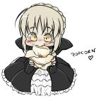  :&gt;= blonde_hair blush chibi eating fate/stay_night fate_(series) gothic_lolita ladymarta lolita_fashion minigirl pale_skin popcorn saber saber_alter solo yellow_eyes 