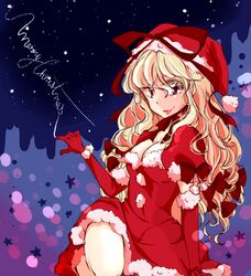  alternate_costume blonde_hair breasts cleavage dress elbow_gloves gloves hat komaku_juushoku long_hair purple_eyes red_dress santa_costume santa_hat smile solo touhou violet_eyes yakumo_yukari 