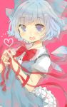  :o acidear blue_eyes blue_hair blush bow cirno dress hair_bow heart ice ice_wings pink_background red_ribbon ribbon short_hair solo touhou wings 