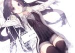  arm_up black_hair black_legwear cover cover_page highres long_hair looking_at_viewer original outstretched_arm purple_eyes senmu shorts solo thigh-highs thighhighs violet_eyes white_background 