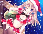  ;) belly black_legwear blonde_hair blue_eyes blush breasts chimney christmas cleavage garter_belt garter_straps gift hair_ornament hat holding long_hair looking_at_viewer original santa_hat skirt snowing solo soraishinya thigh-highs thighhighs wink 